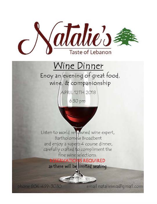 Wine Dinner at Natalie’s Taste of Lebanon